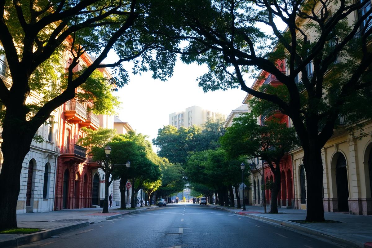 Rua arborizada de Higienópolis com edifícios residenciais