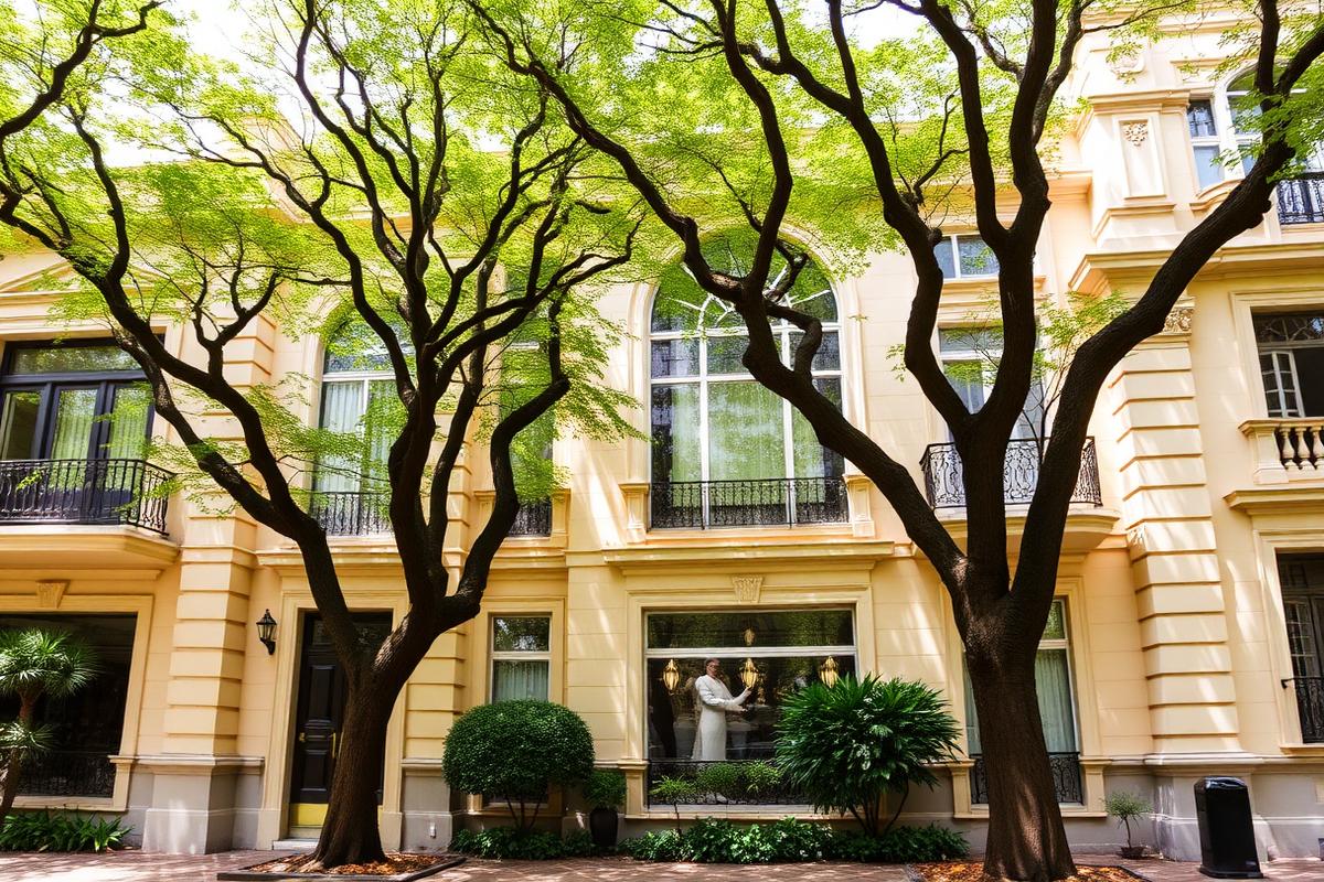 Rua arborizada dos Jardins com fachadas residenciais elegantes