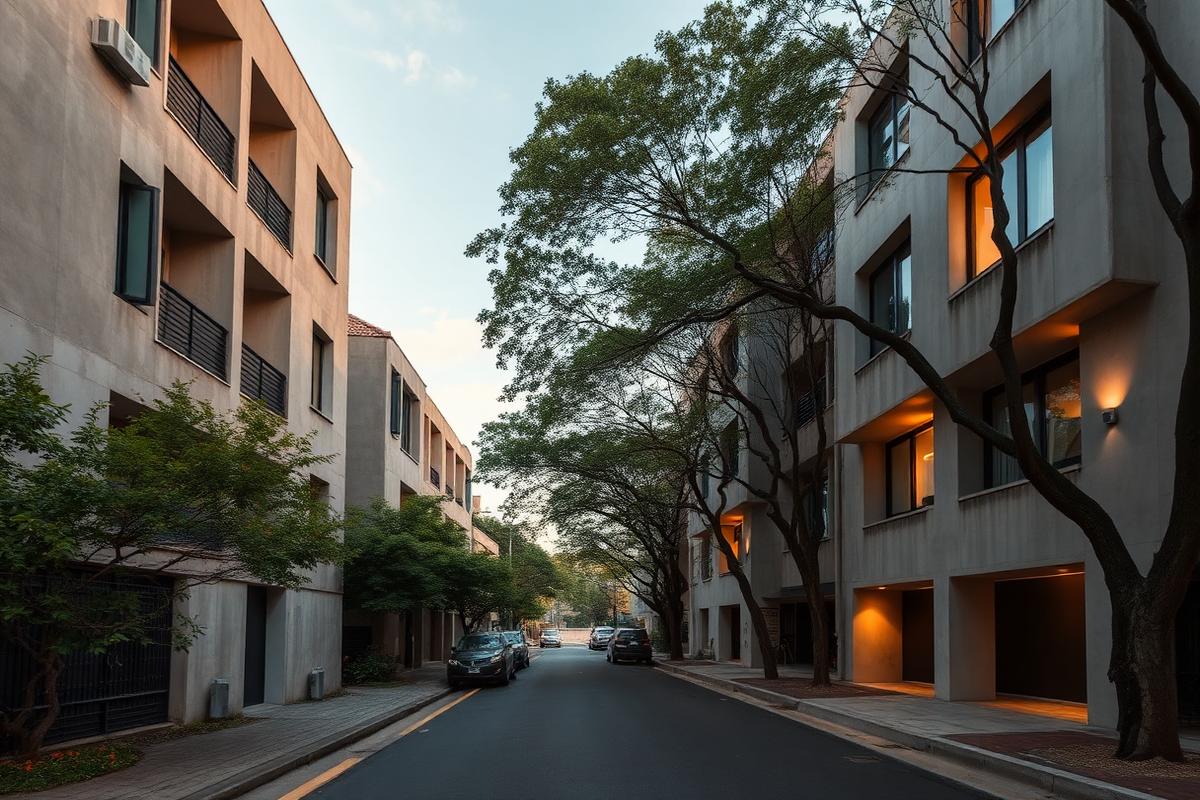 Fachada de edifício residencial contemporâneo em tons de areia e concreto