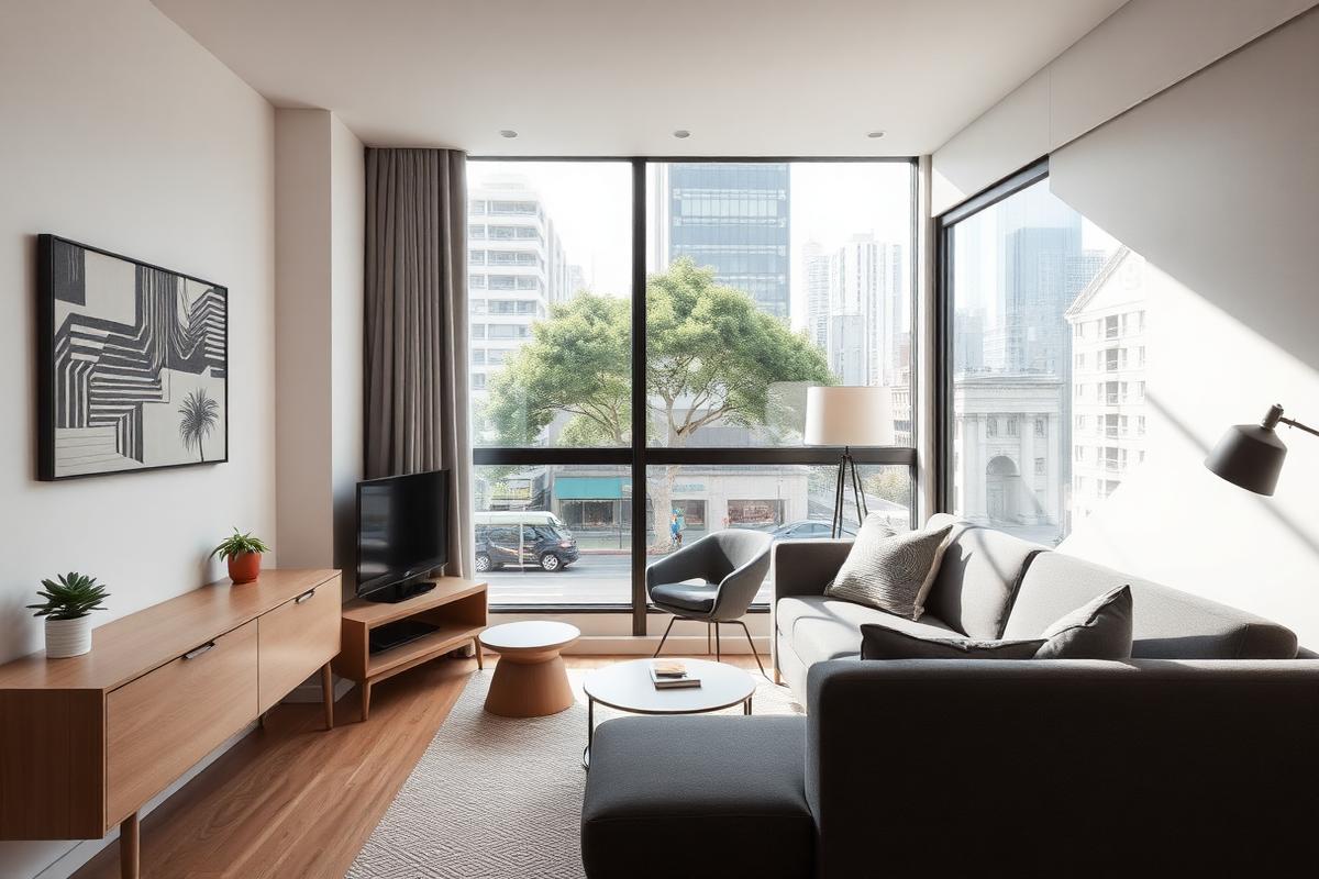 Interior de studio compacto com janela ampla e vista para a cidade